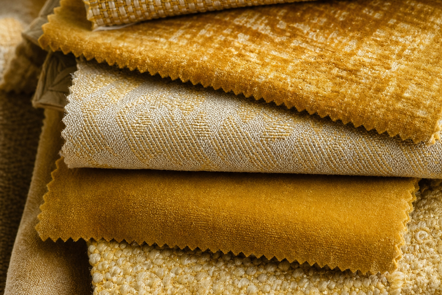 Yellow and gold upholstery fabric swatches in yellow, gold, ochre, mustard, honey, and champagne for sample-first texture, color, and yardage planning