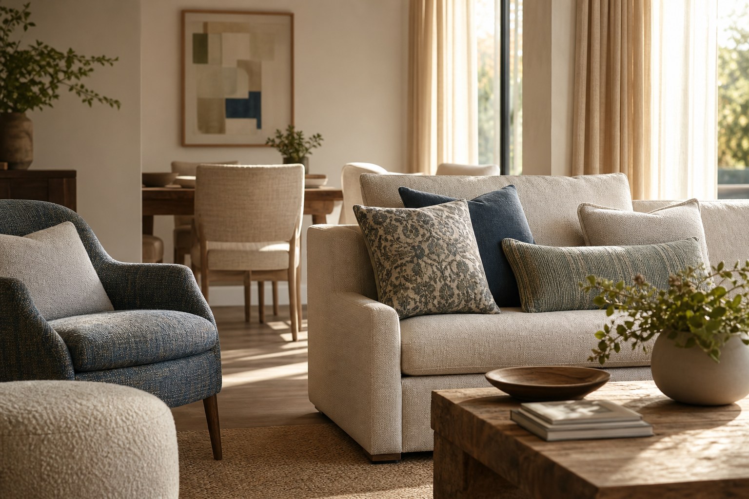 Designer upholstery fabrics shown on a sofa, chair, and pillows in a finished living room