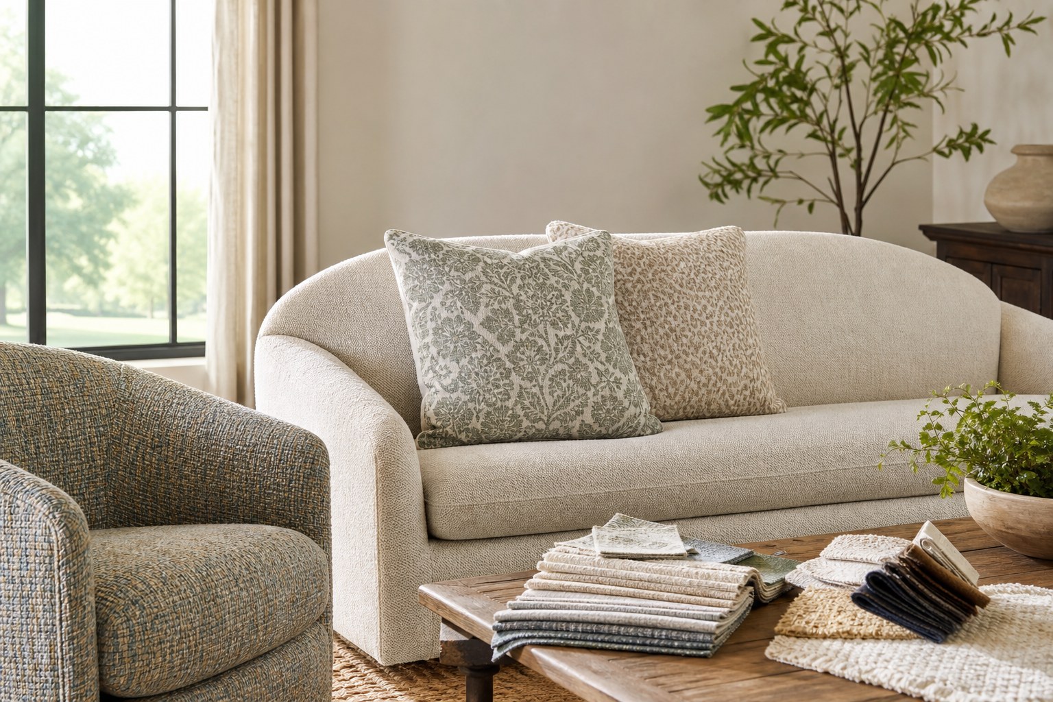 Designer upholstery fabric samples and textured seating in a bright living room for choosing fabric by the yard