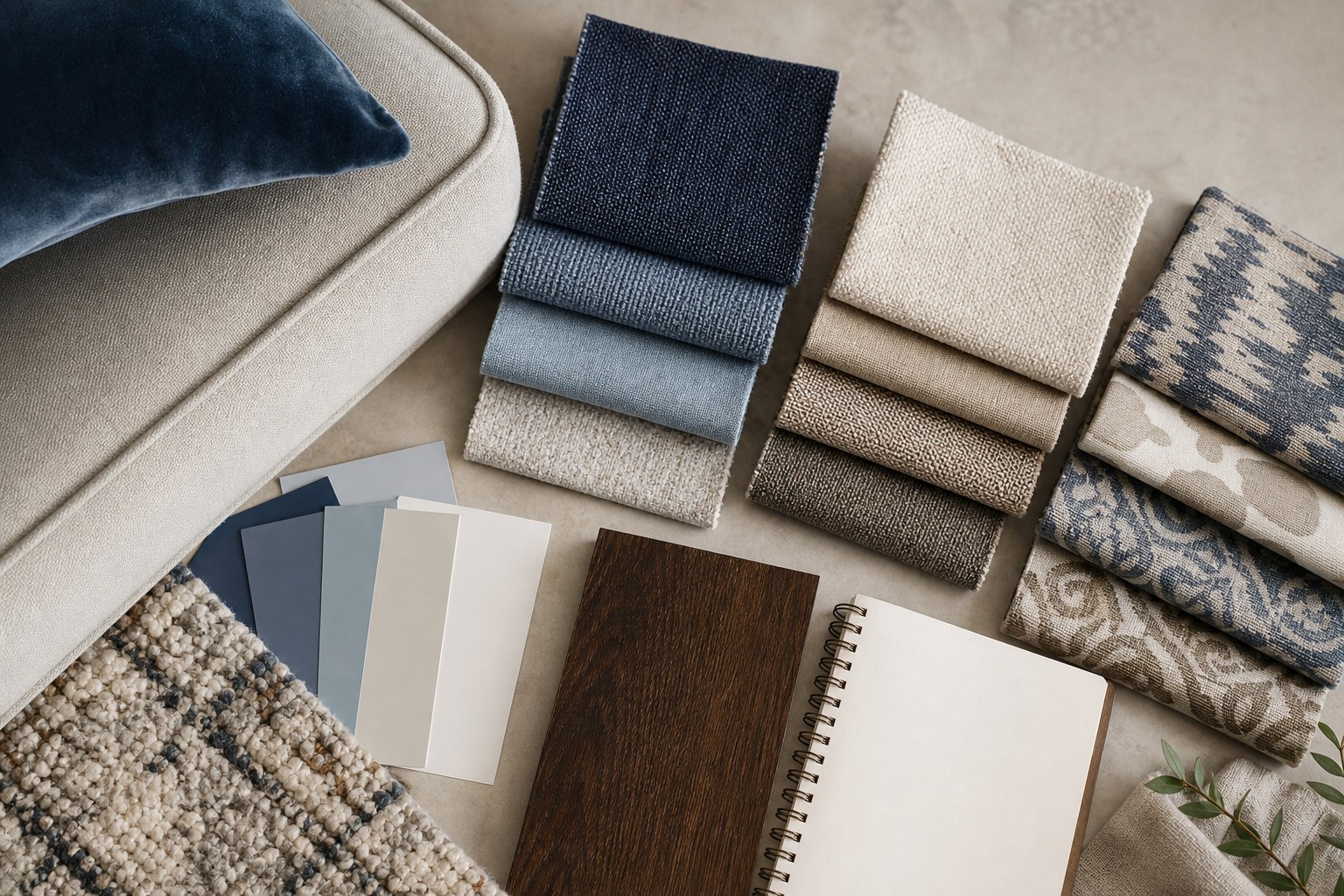 Upholstery fabric swatches compared with room finishes for project and yardage planning