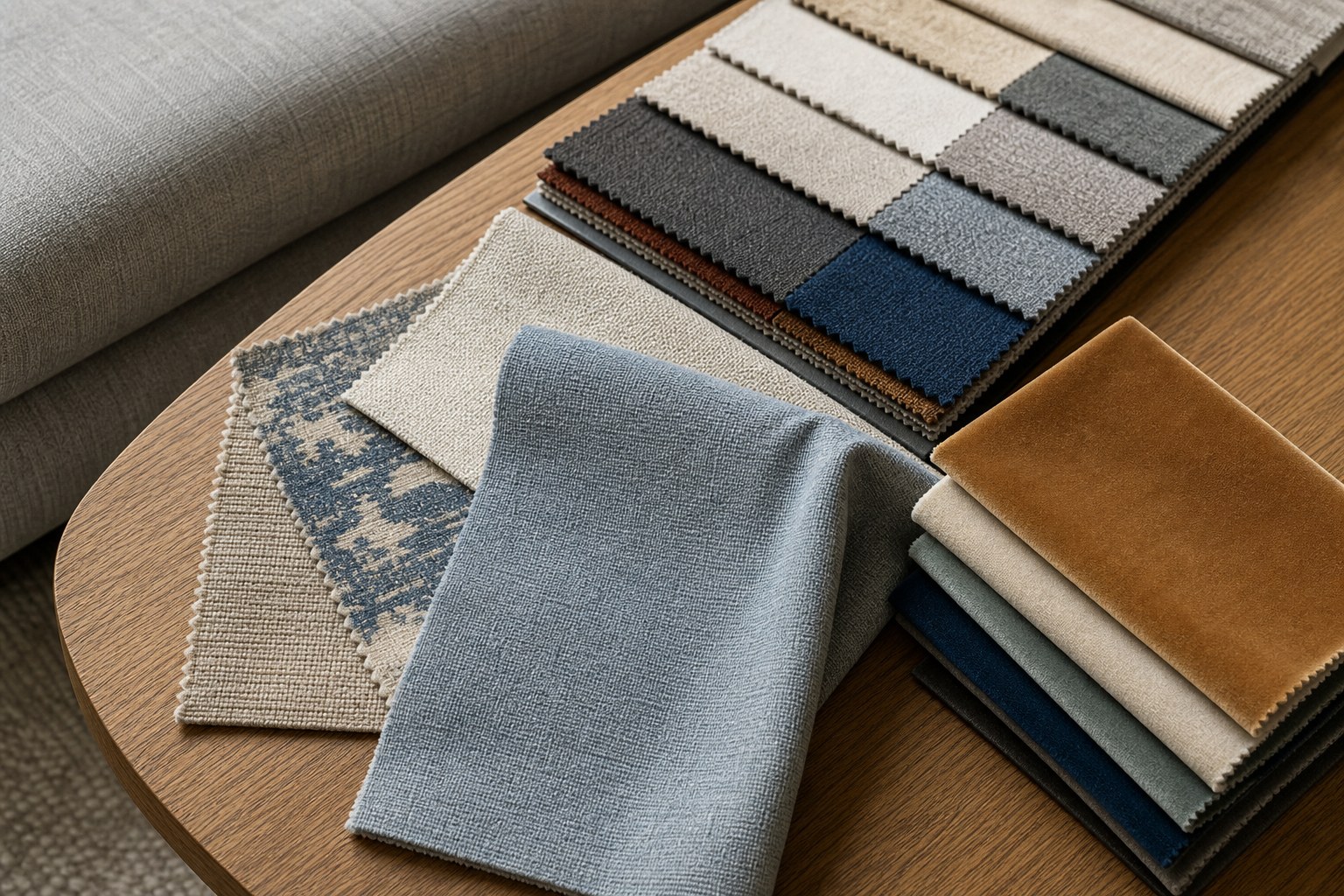 Upholstery fabric swatches and sample books compared in room light before ordering yardage
